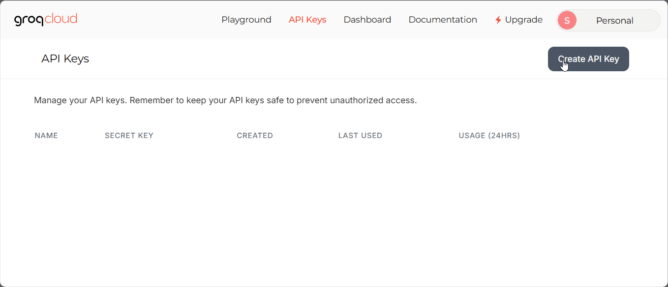 Section API Keys sur groQ